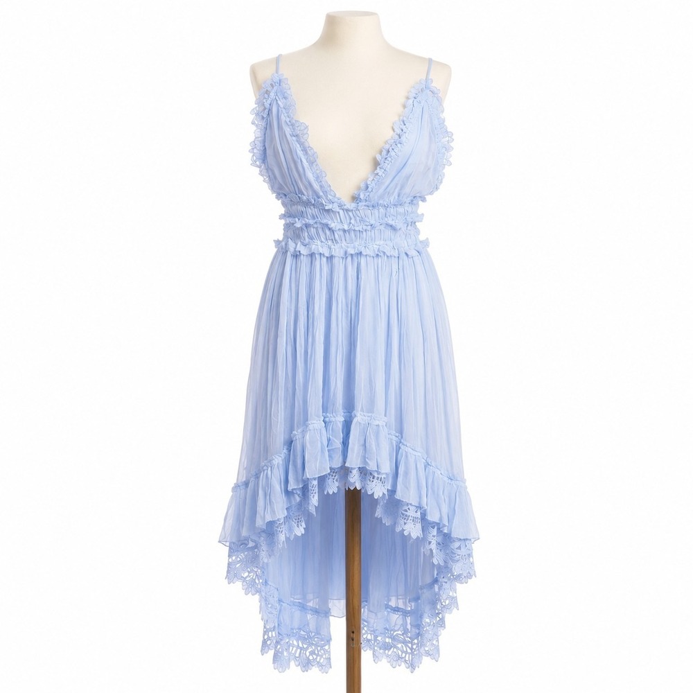 NWT Magali Pascal Hydrangea Blue High Low Ruffle Midi Dress Medium